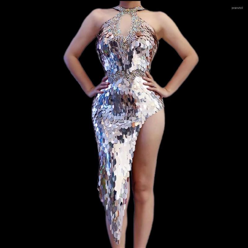 

Stage Wear Shining Sequins Rhinestone Sexy Halter Sleeveless Asymmetrical Women Dress Nightclub Party Bar Cloth Singer Costume