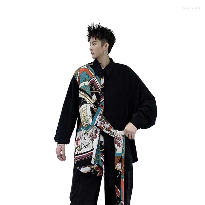 

Men's Casual Shirts VERSMA Japanese Harajuku Long Sleeve Irregular Print Men Spring Loose Ribbon Patchwork Women Shirt With Tie Drop, Black