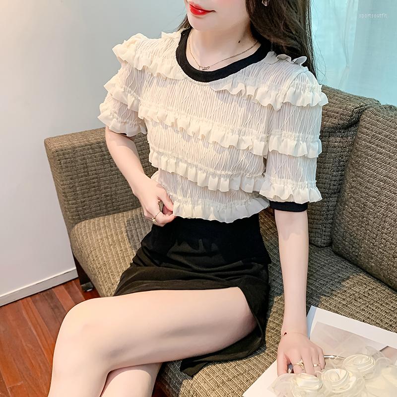 

Women' Blouses Chiffon Shirt For Women Summer 2023 In Patchwork Solid French Loose Fashion Top Short Sleeve O-neck Ruffle, Image color