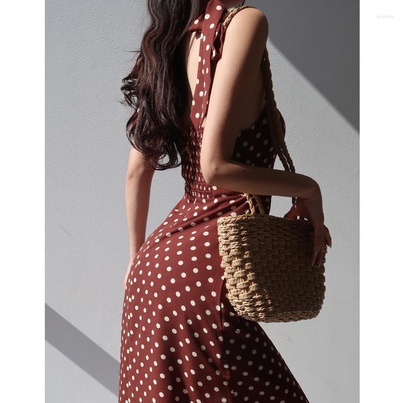 

Casual Dresses TVVOVVIN Fashion Sexy Style Coffee Color Polka Dot Wide Sling Dress High Waist Slim Side Slit Knee Length Women' DTYZ