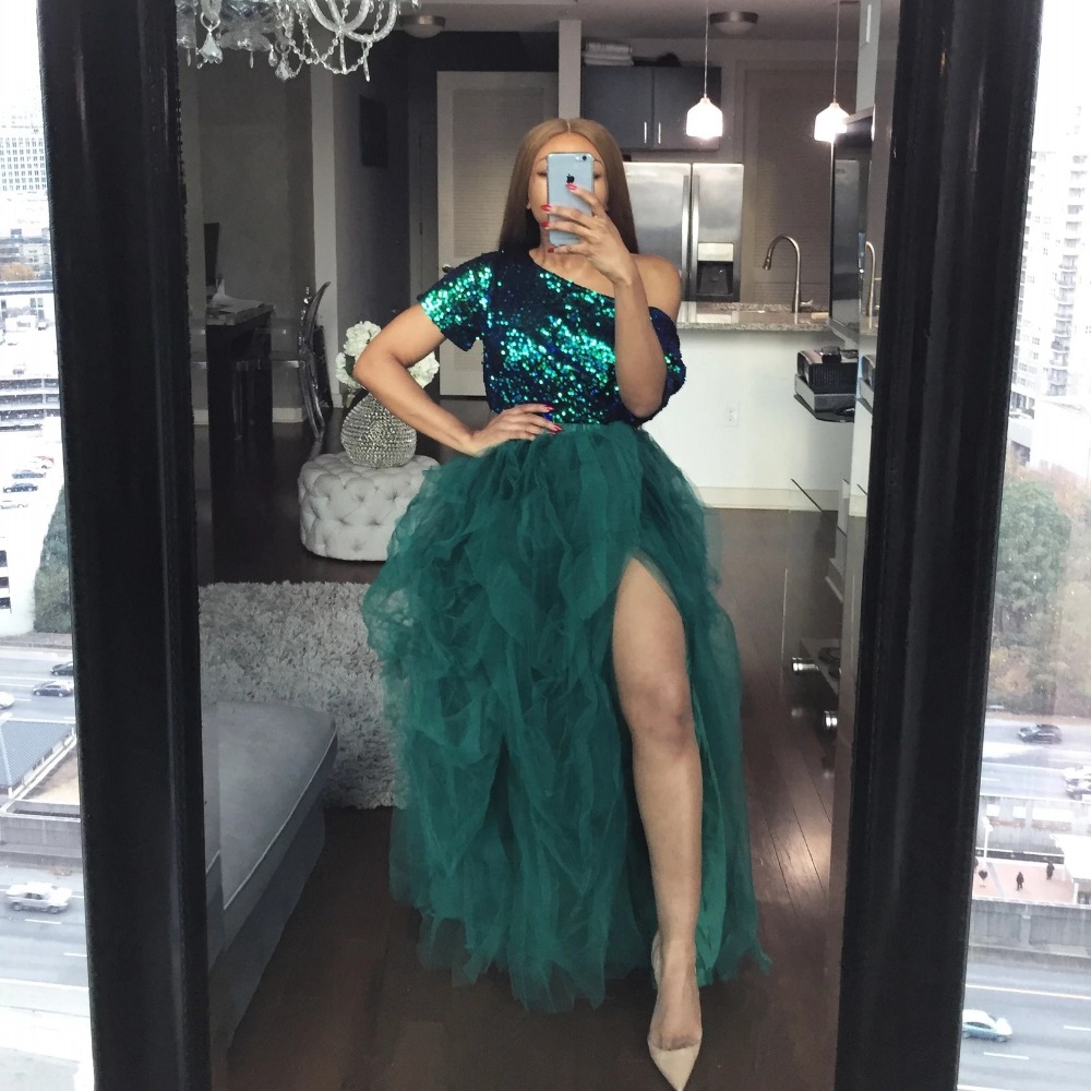 

Stunning Emerald Green Tutu Skirt Long Prom Dresses High Split Tulle Evening Party Pageant Gown One Shoulder Sparkly Sequins Top, Champagne