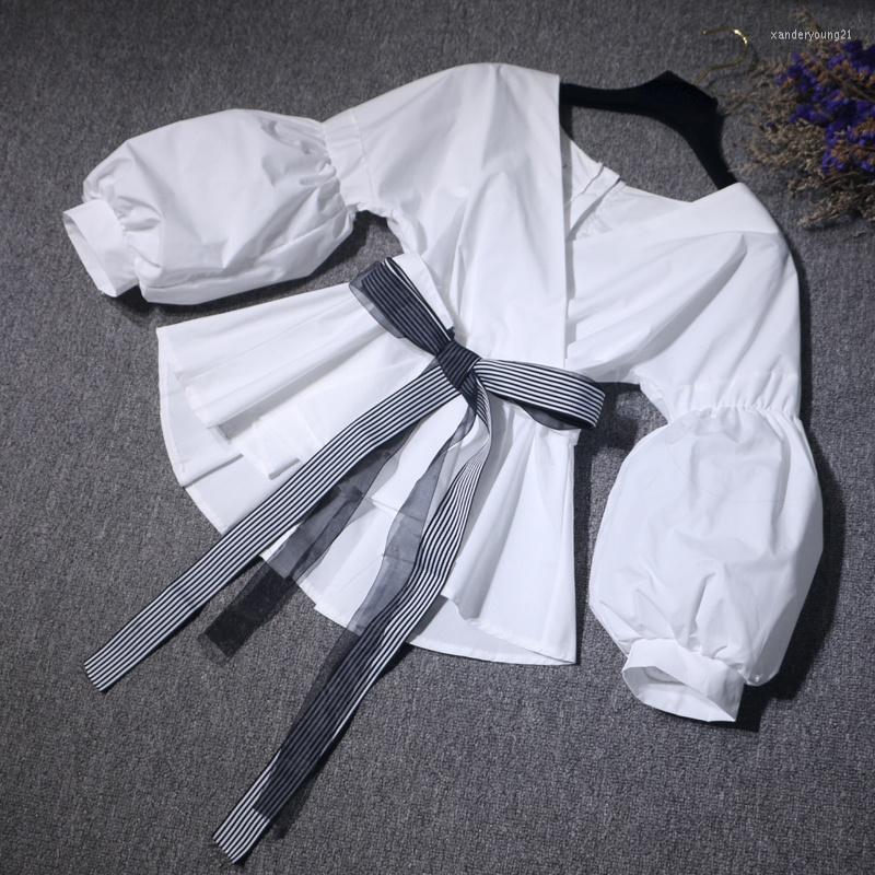 

Women's Blouses Elegant Lantern Sleeve Shirts For Woman V-neck Slim Waist Lace Up Tops Vintage Solid Fashion Designed Chic Spring, White