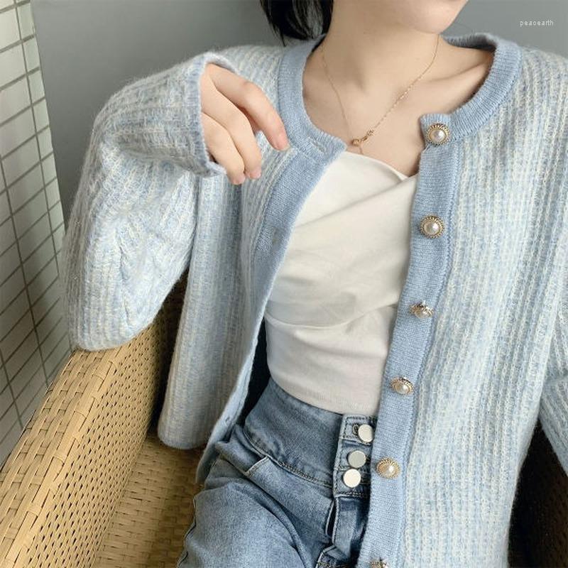 

Women's Knits Female Solid Color Long Sleeve Button Sweater Jacket Women Spring Fall Gentle Temperament Blue Cardigan Loose Knitted