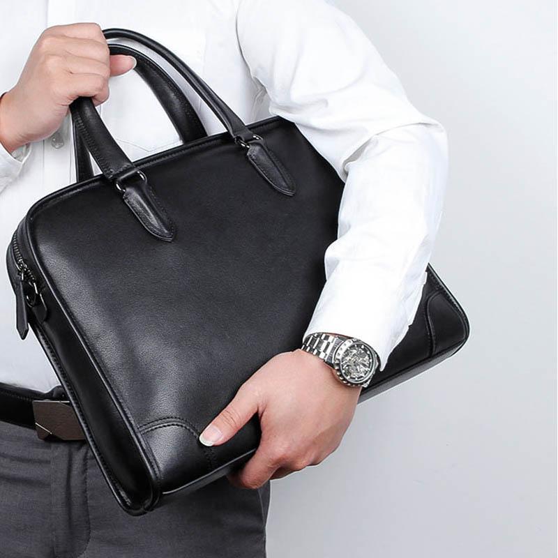 

Briefcases Luufan Men Business Briefcase Black Genuine Leather 14" Laptop Handbag Cowhide Shoulder Messenge Bag For Male PC Daily Work Tote