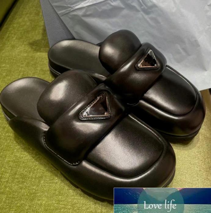 

Platform Muffin Bread Shoes round Toe Triangle Gold Buckle Slippers Slip-on Casual Soft Leather Comfortable Closed-Toe Slipper factory outlet, Grey