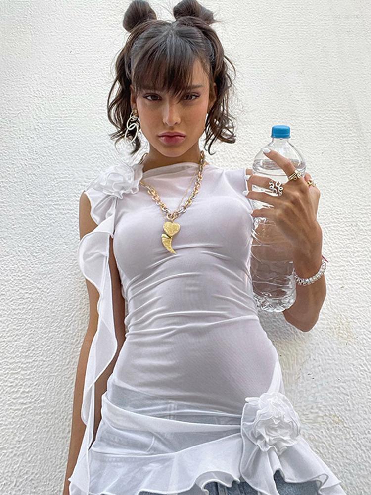 

Women' Tanks Flower Mesh See Through Backless Lace-up Tank Top Women O-Neck Ruffles Tassel Vest Patchwork 2023 Spring Streetwear, White