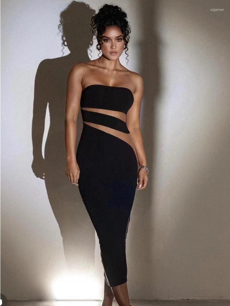 

Casual Dresses 2023 Black Stretchable Bandage Dress For Women Strapless Tulle Insert Long Celebrity Evening Party Formal Prom Gowns