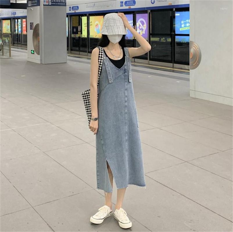 

Casual Dresses Summer Suspender Denim Sleeveless High Split Vintage Jeans Dress Streetwear Fashion Long Sundress Vestidos, Blue