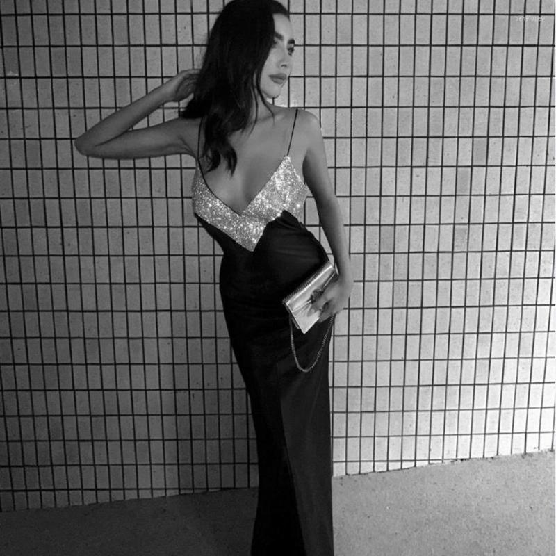 

Casual Dresses Rhinestone Metal Mesh Bandage Maxi Clubwear Fashion Spaghetti Strap Deep V Neck Diamond Embellished Suspender Party Long, Black