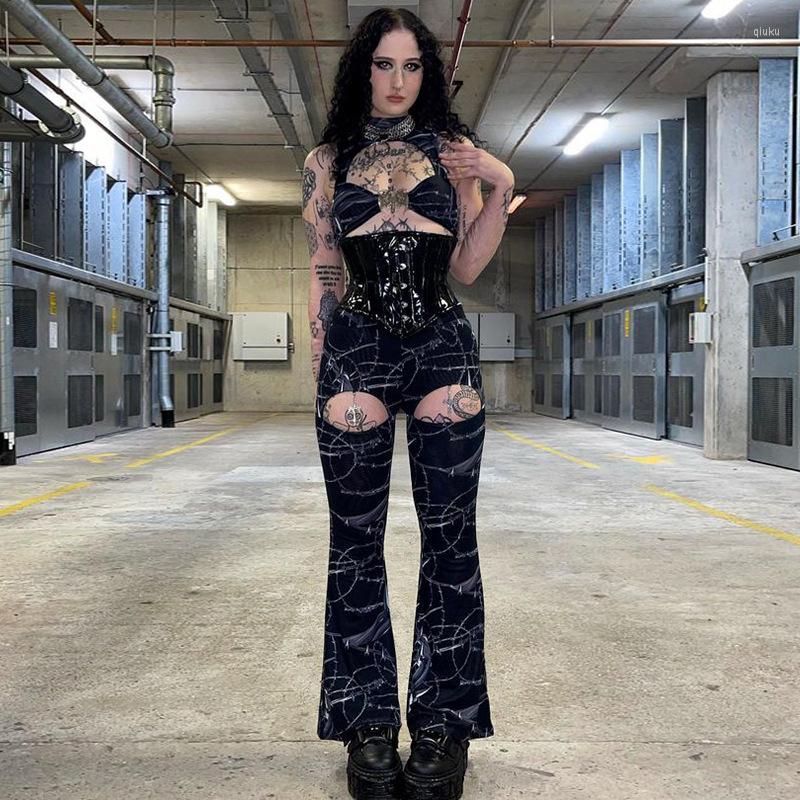 

Women' Pants Gothic Hollow Out Black Flare Punk Cross Mental Print Trousers Street Harajuku Skinny Sexy Transparent Women