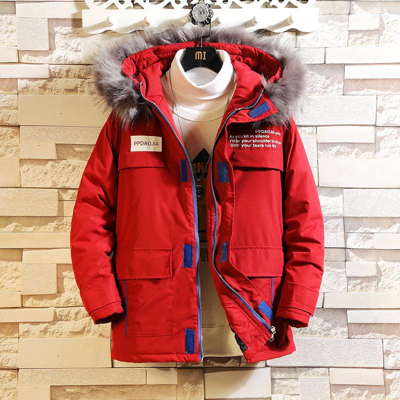 

Men's Down Winter Coat Men Warm Thick Fashion Parka Letter Embroidery Casual Fur Collar Hooded Man Wild Loose Cotton Jacket, Black