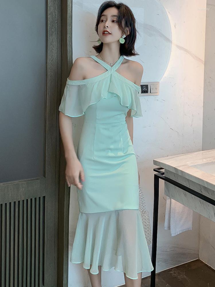 

Casual Dresses Summer Dress For Women 2023 Beach Holiday Party Chiffon Green Solid Halter Off Shoulder Ruffles Midi Fishtail Robe Female, Turquoise
