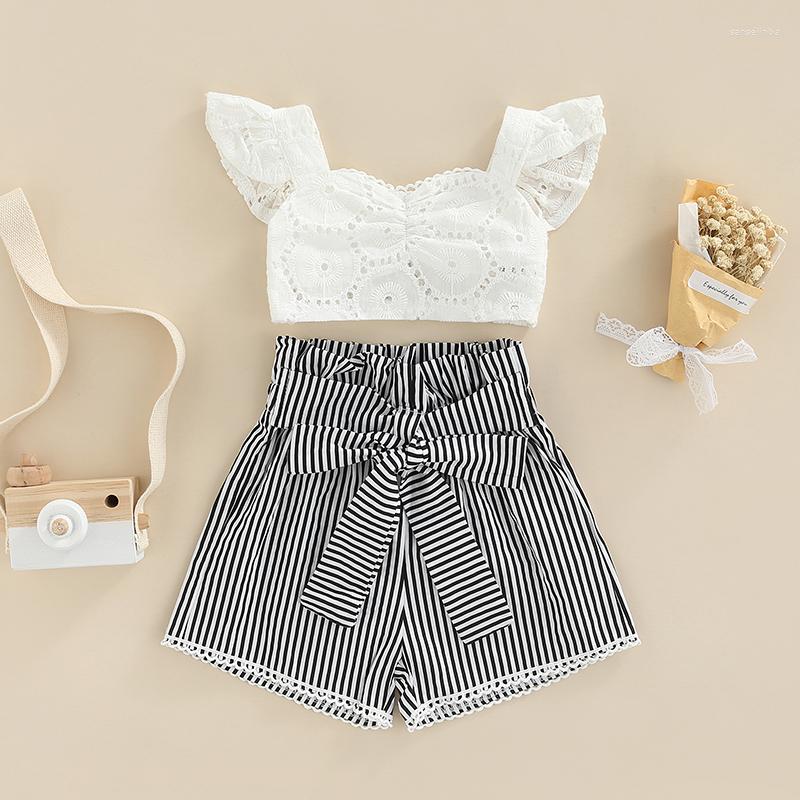 

Clothing Sets Infant Baby Girls 2 Pieces Outfit Sleeve Cutout Lace Crop Tops High Waist Stripe Shorts Summer Set, Multi