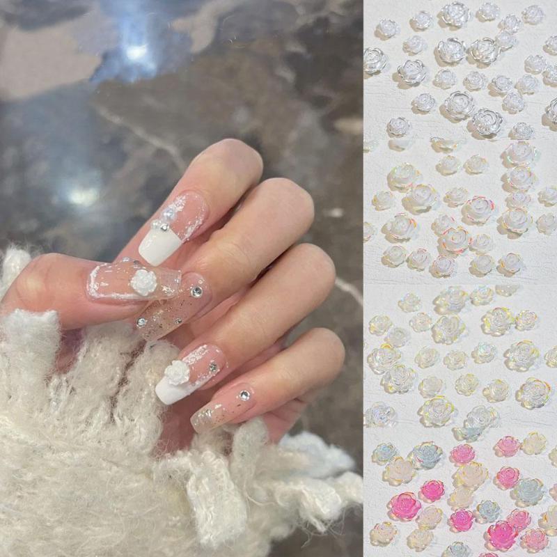 

Nail Art Decorations 30Pcs/Bag 3D Acrylic Camellia Charms Pearl White Aurora Clear AB Color Changing 5.8/7.5mm Mixed Flower Decoration