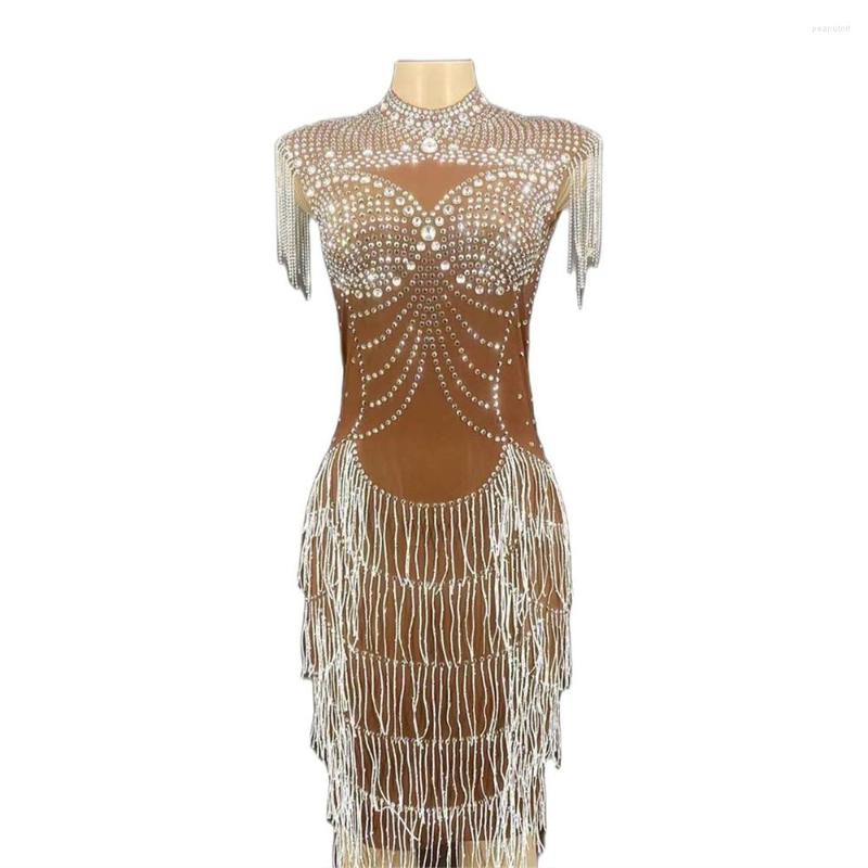 

Stage Wear Khaki Shining Crystal Rhinestones Tassel Sexy Dress For Women Evening Party Clothing Singer Costumes Prom Wears