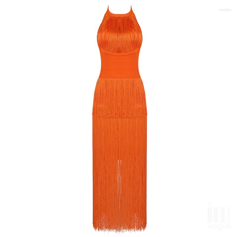 

Casual Dresses Backless Orange Color Women Long Bandage Dress Tassel Bodycon Skinny Sheath Party Evening Clothes