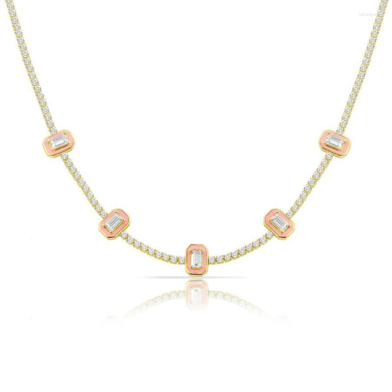 

Chains Gold Color Pink Red White Enamel Geometric Rectangle Charm Tennis Chain Women Choker CZ Necklace Sparking