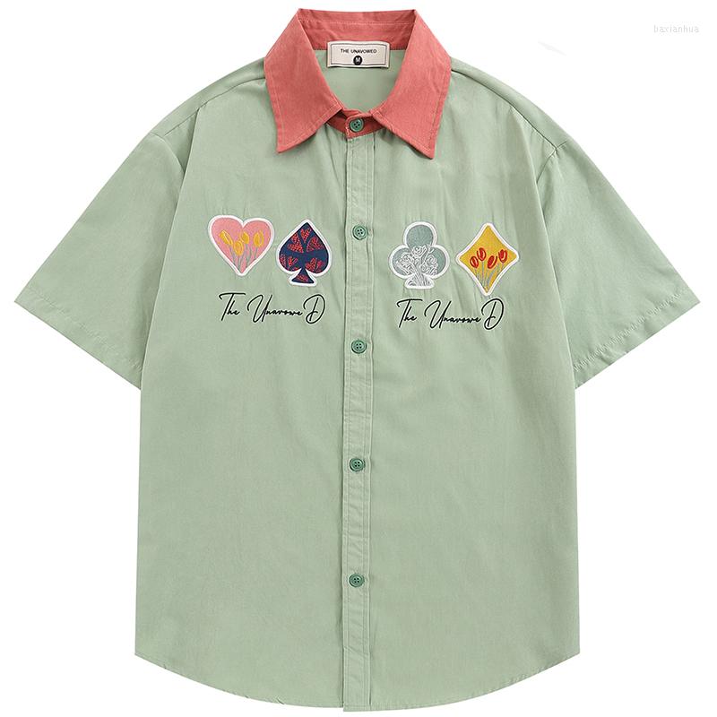 

Men's Casual Shirts HipHop Streetwear Loose Shirt Men Creative Embroidery Graphic Couple Harajuku Summer Short Sleeve Retro, Green