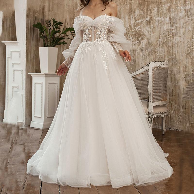 

Party Dresses 2023 Sexy White A-line Wedding Dress Long Puffy Sleeves Sweetheart Lace Applique Tulle Gown Vestido De Novia Encaje, Beige