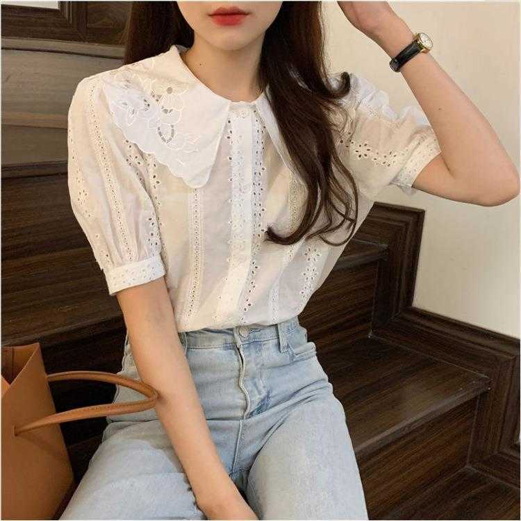 

Hollow Embroidered Flower Lapel Short Sleeved Shirt Summer Korean Style Loose, White2