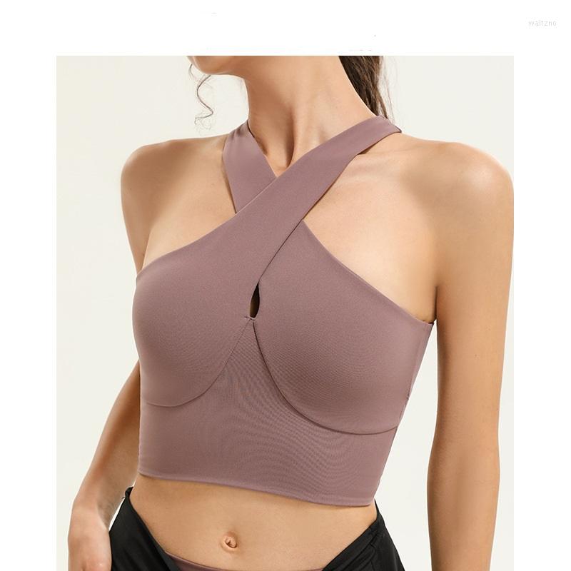 

Yoga Outfit 2023 Front Cross Neckline Sports Bra Women Fitness Back Hollow Running Vest Removeable Pad Gym Workout Training Top, Black