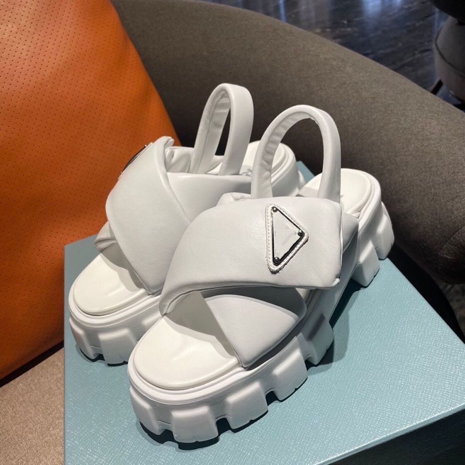 

Monolith padded nappa leather sandals Upper with metal triangle logo sandal chunky rubber sole timeless monolithic design unique innovation style Sandals k2