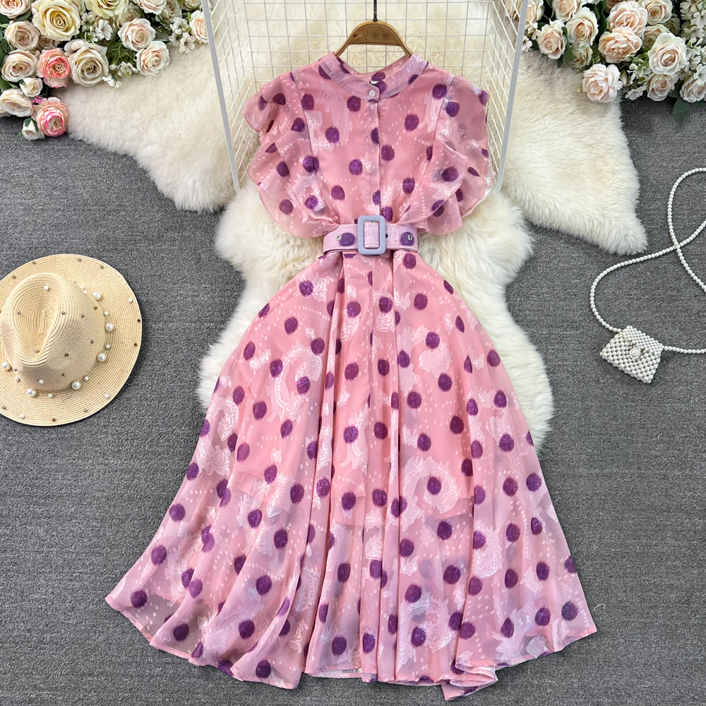 

Luxury and Light Luxury Dress with Elegant Standing Neck and Ruffle Sleeves Slim A-line Large Swing Polka Dot Dress Elegant Long Dress, Pink