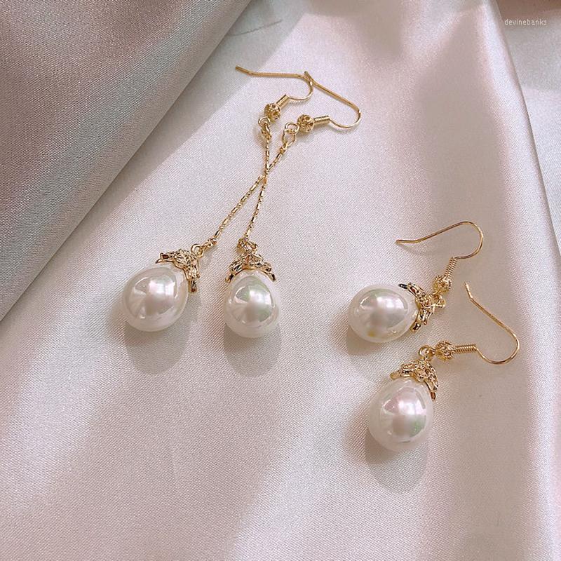 

Dangle Earrings Fashion Gold-color Simulated Pearl Pendant Long Chain Bridal Wedding Jewelry Drop
