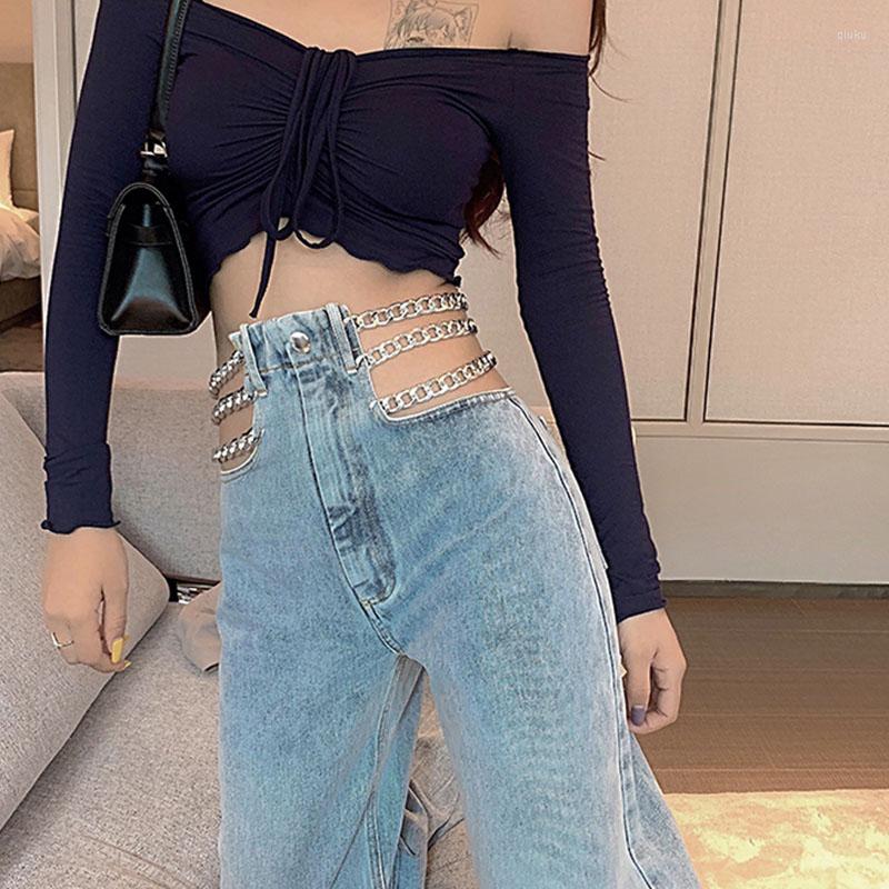 

Women's Pants Streetwear Side Cross Chain Hollow Out Wide-leg Women's Jeans High Waist Sexy Elegant Europe Fashion Harajuku Blue