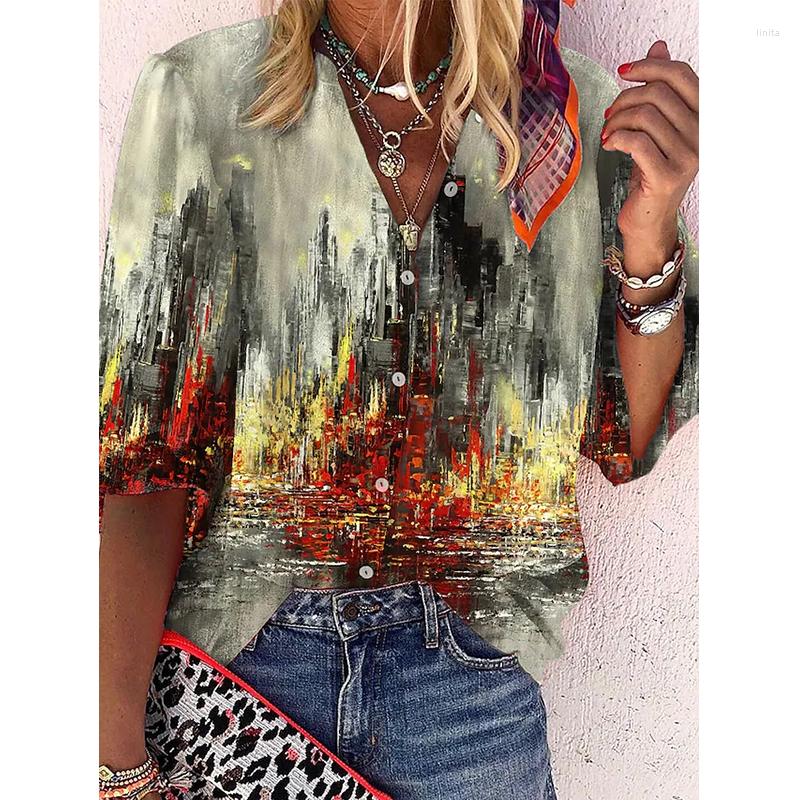 

Women's Blouses Spring Loose City Print Women's Shirts Office Large Size Long Sleeve V Neck Tops Casual Ladies Shopping Cardigan Blouse, Lzx070