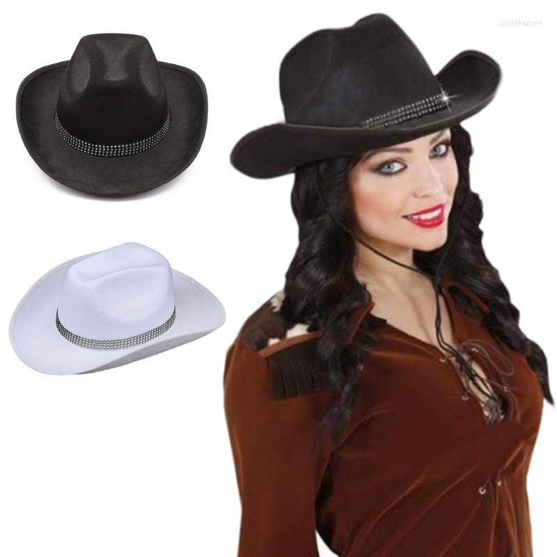 

Berets Cowboy Hat  Cowgirl Hats With Rhinestones Unisex Costume Top Fedora Halloween Props Caps, White