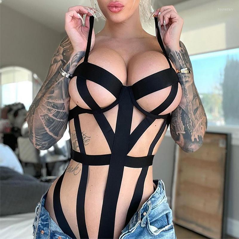 

Bras Sets Sexy Hollow Out Lingerie Bandage Bodysuit Women Transparent Bra Panty Bottom Suit Sling Halter Backless Teddies Bodysuits, Black