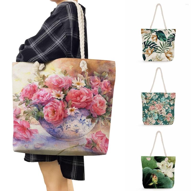

Evening Bags Outdoor Portable Casual High Capacity Women Shopping Tote Fashion Pretty Floral Print Handbags Travel Thick Rope Beach Bag, Ms7887 floral tote