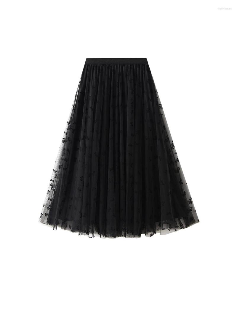 

Skirts Women S Boho Midi Bowknot Embroidery Elastic High Waist Multi-layered Tulle A-line Flowy Casual Skirt, Black