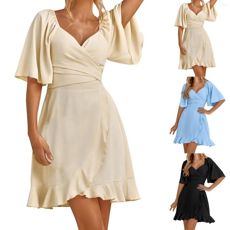 

Casual Dresses Women'S Summer Solid Elegant Temperament Dress French Senior Sense Elastic Waist Short Sleeve Comfy Soft Swing, Black