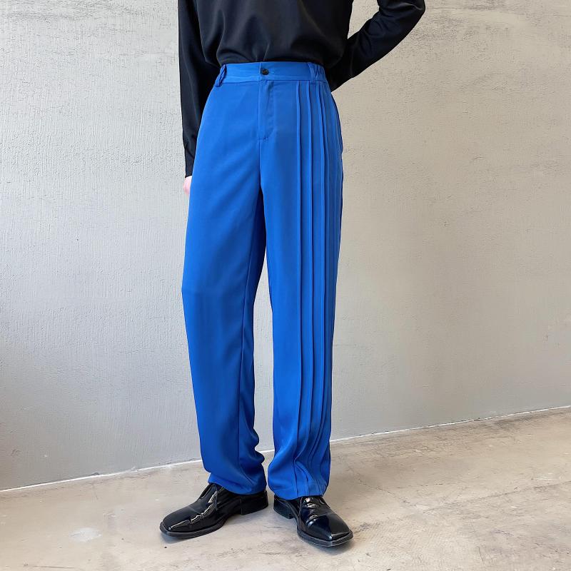 

Men's Suits Men Trend Fashion Pleated Design Casual Straight Suit Trousers Male Japan Korean Streetwear Vintage Chic Pants, F103 blue