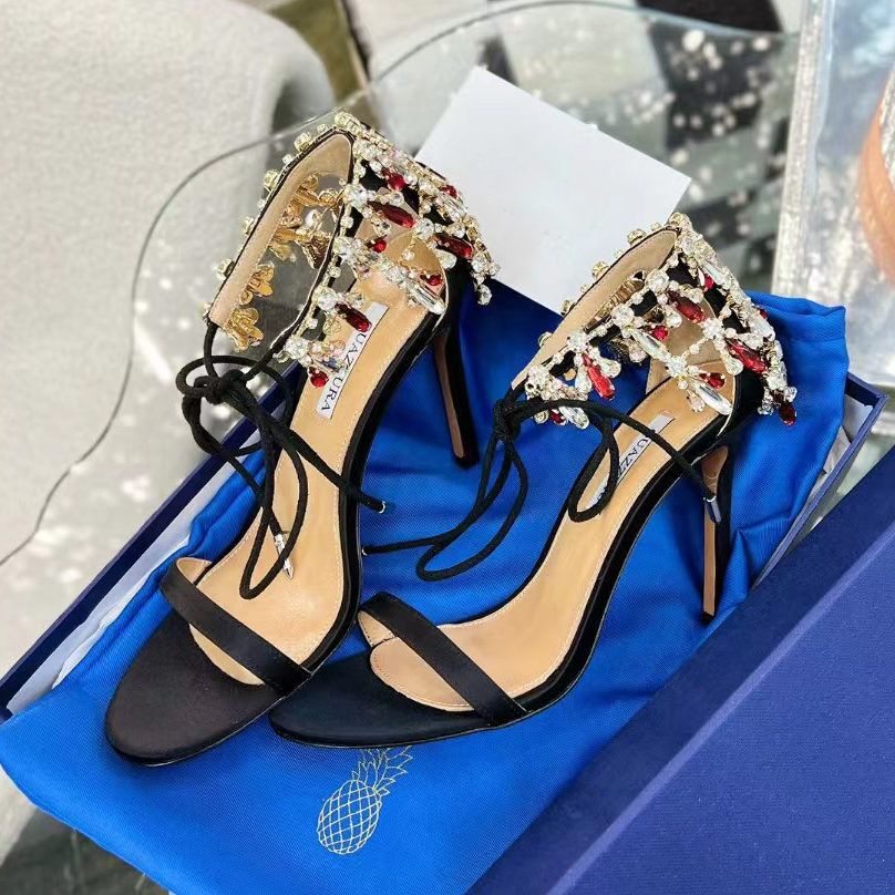 

Aquazzura Moonwalk Sandal 105mm Argento Rhinestone Stiletto Heel Evening shoes Luxury Designer Cleo Crystal Ankle Strap Wedding Fashion Dress shoes With box, Black