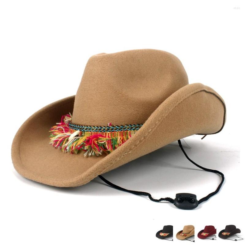 

Berets Tassel Women Wool Hollow Western Cowboy Hat Roll-up Brim Lady Outblack Sombrero Hombre Jazz Cap Cloche Hats, Black
