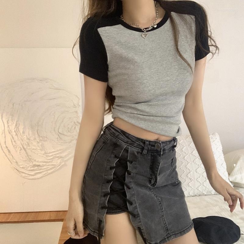 

Women's T Shirts Summer Pure Cotton Short Sleeve All-match T-shirts For Women Korean Color Matching Slim Shirt Harajuku Graphic Y2k Crop, Xiaox 8113