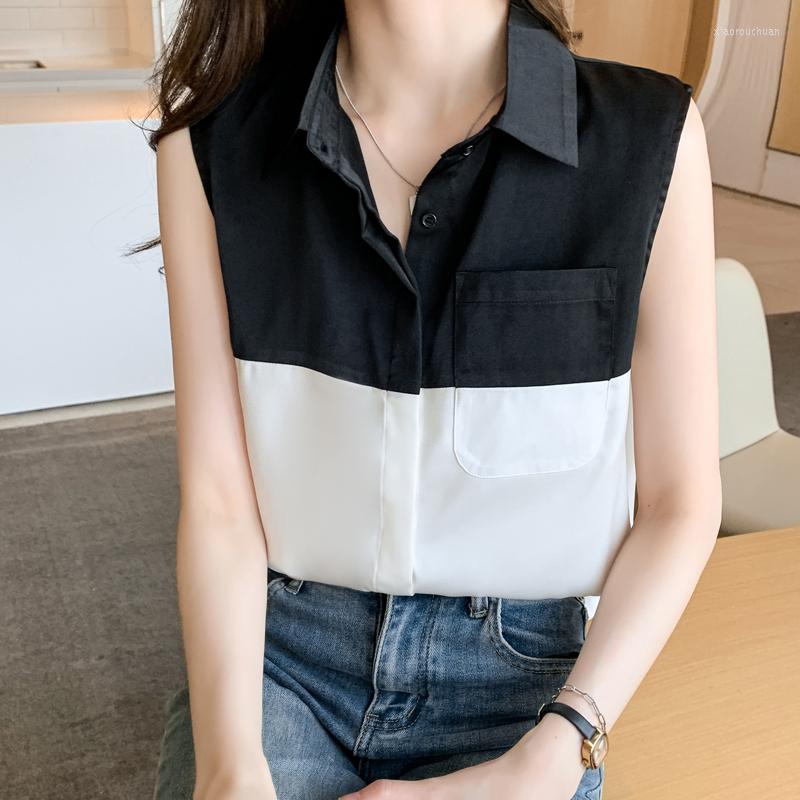

Women' Blouses Chikichi Black And White Stitching Vest Outer Wear Chiffon Shirt Women Summer Sleeveless Casual Shirts Cardigan Ladies Tops, Color