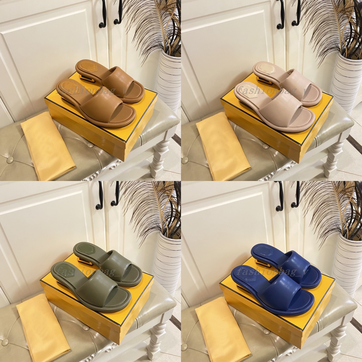 

Designer Slippers Women Baguette Sandals Nappa Leather Slides Square Metal Heels Fashion Sculptural Med Heel Summer Shoe New Color Scheme