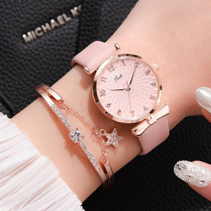 

Wristwatches Women Watches Bracelet Set Flowers Ladies Watch Casual Leather Quartz Wristwatch 2pcs Clock Gifts Relogio FemininoWristwatches, As shown-5