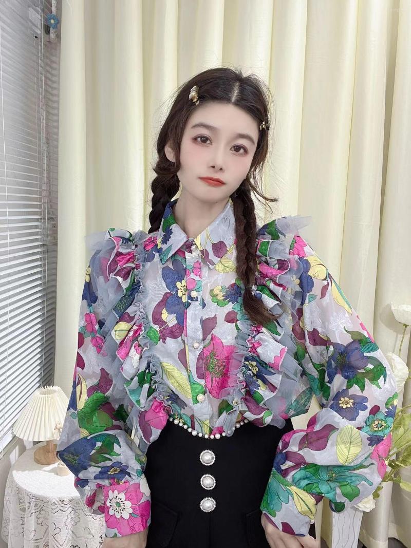 

Women's T Shirts French Retro Shirt Temperament Long Sleeve Ruffled Single-Breasted Chiffon Flower Women's 2023 Loose Slimming Top, Blue