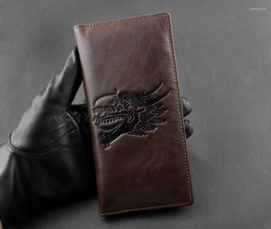 

Wallets Men's Long Biflod Wallet Dragon Vintage Genuine OIL Leather Purse Card Holder, Picture shown
