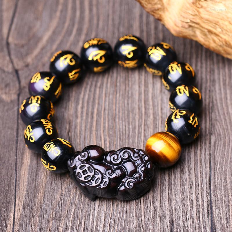 

Strand Fine Natural Obsidian Stone Bracelet Om Mani Padme Hum Beads Brave Troops (Pi Xiu) Tiger Eye Lucky Jewelry Accessories