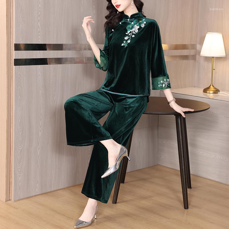 

Women's Two Piece Pants Autumn Winter Tracksuit Women Vintage Peacock Inlaid Diamond Beading Velvet Golden Set 5XL, Green