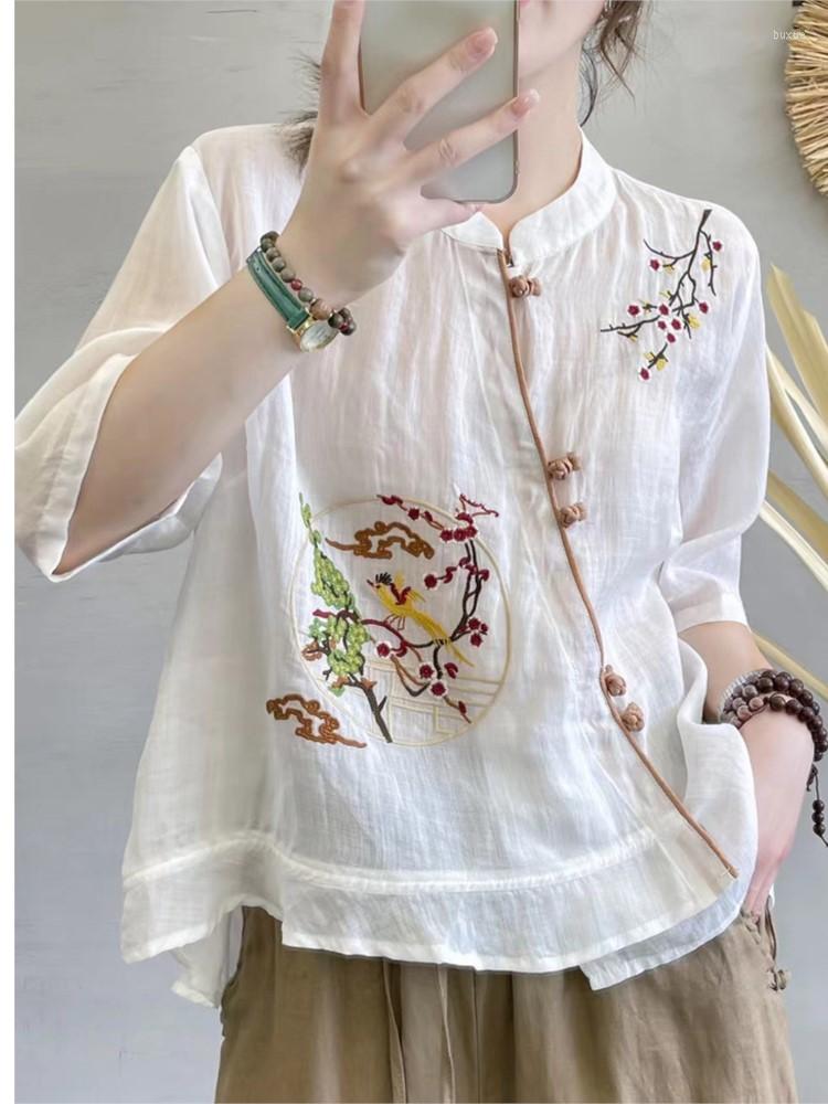 

Women's Blouses Irregular Women Shirt Linen O Neck Half Sleeve 2023 Summer Embroidered Thin Cardigan Casual Tops Female YoYiKamomo, Purple