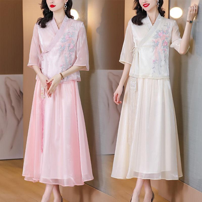 

Work Dresses Chinese Style Retro Embroidery Modified Hanfu Modern Spring/Summer 2023 Fashion Elegant Qipao Tops And Skirt Two Piece Suit, Pink