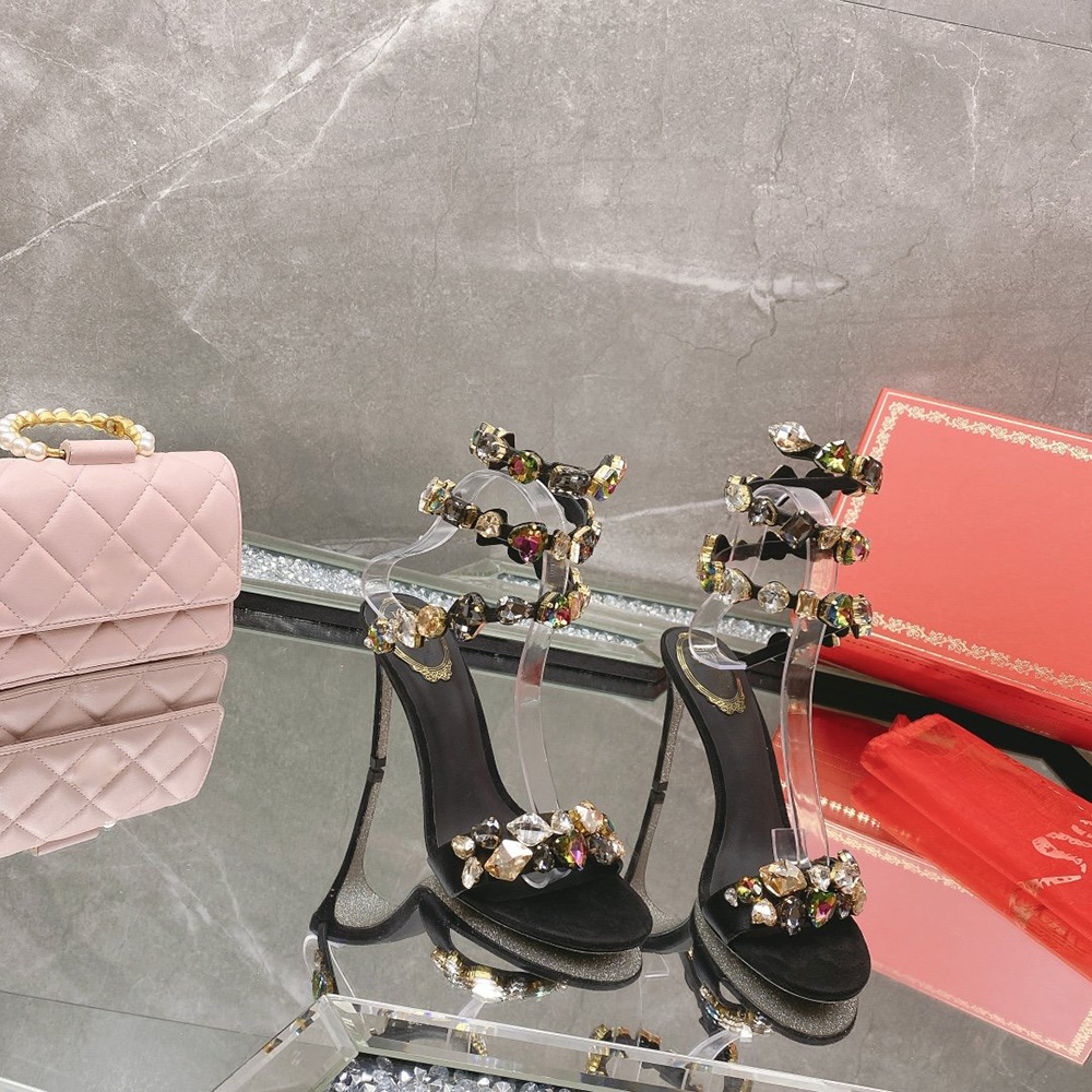 

Crystal high heel sandals large crystal square crystal women's shoes open toe party style designer Factory footwear with box, Black