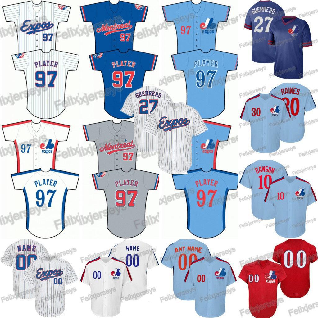 

30 Tim Raines Montreal Expos 27 Vladimir Guerrero Pete Rose Pedro Martinez Gary Carter Andre Dawson Stephen Strasburg Baseball Jerseys, Blue red words